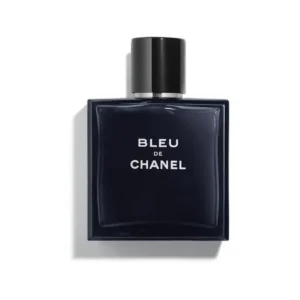 Elegancki, ciemnoniebieski flakon perfum męskich Chanel – Bleu de Chanel 100ml prezentowany obok oryginalnego, czarnego opakowania produktowego.