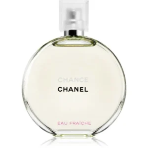 Chanel Chance Eau Fraiche_1 Okrągły flakon Chanel Chance Eau Fraiche 100 ml z jasnozielonym płynem i srebrnym pierścieniem.