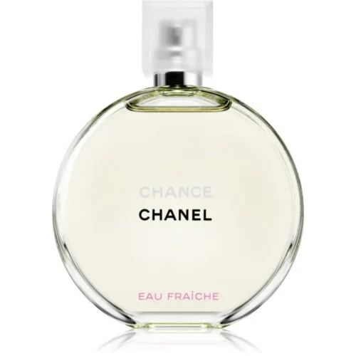 Chanel Chance Eau Fraiche_1 Okrągły flakon Chanel Chance Eau Fraiche 100 ml z jasnozielonym płynem i srebrnym pierścieniem.