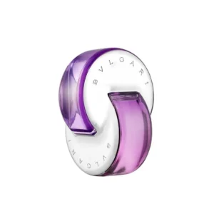 Fioletowy flakon Bvlgari Omnia Amethyste 65 ml w formie charakterystycznych, splecionych pierścieni.
