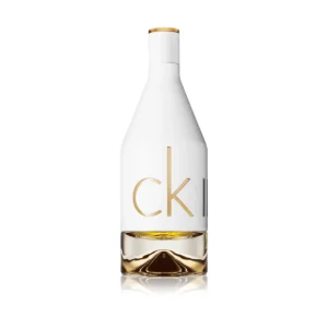 Biało-złoty flakon CK IN2U for Her 100 ml o nowoczesnym, minimalistycznym kształcie.