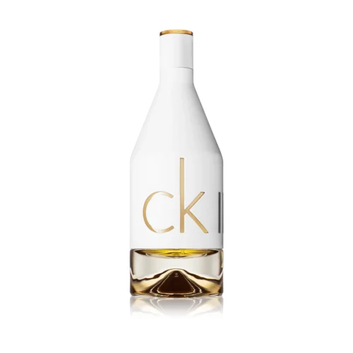 Biało-złoty flakon CK IN2U for Her 100 ml o nowoczesnym, minimalistycznym kształcie.