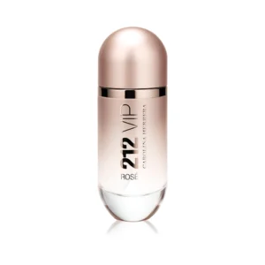 Kultowy, różowo-złoty flakon Carolina Herrera 212 VIP Rosé 80 ml na tle eleganckiego, miejskiego przyjęcia.