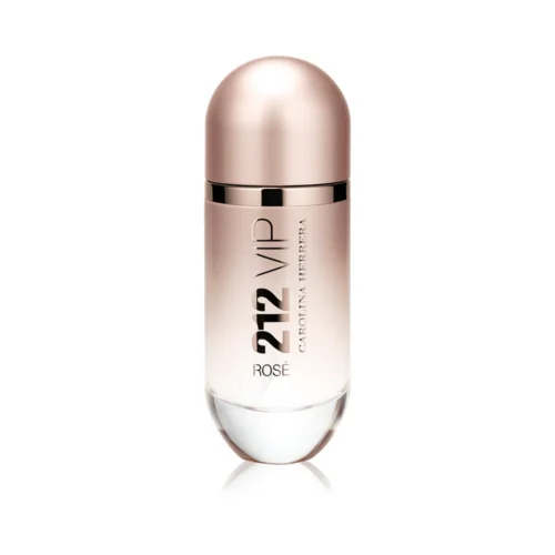 Kultowy, różowo-złoty flakon Carolina Herrera 212 VIP Rosé 80 ml na tle eleganckiego, miejskiego przyjęcia.