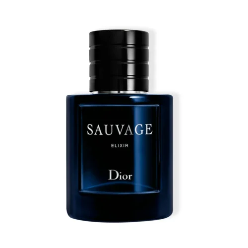 Elegancki, ciemnoniebieski flakon Dior Sauvage Elixir 60 ml na tle nocnego krajobrazu.