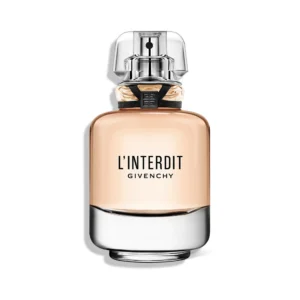 Elegancki, czarny flakon Givenchy L'Interdit EDP 80ml z charakterystyczną wstążką na tle białych kwiatów.