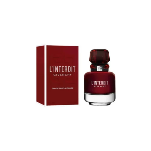 Givenchy_L'Interdit_Eau_de_Parfum_Rouge_1 Elegancki, czerwony flakon Givenchy L'Interdit Eau de Parfum Rouge EDP 80ml na ciemnym, luksusowym tle.