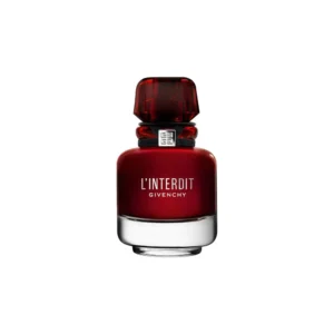 Elegancki, czerwony flakon Givenchy L'Interdit Eau de Parfum Rouge EDP 80ml na ciemnym, luksusowym tle.