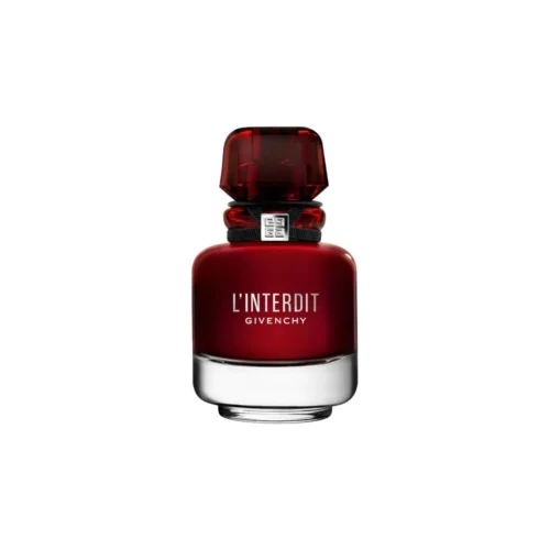 Givenchy_L'Interdit_Eau_de_Parfum_Rouge_2 Elegancki, czerwony flakon Givenchy L'Interdit Eau de Parfum Rouge EDP 80ml na ciemnym, luksusowym tle.