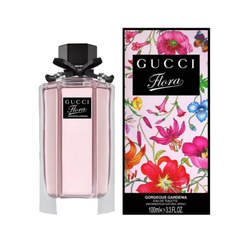 Woda toaletowa Gucci Flora Gorgeous Gardenia 100ml – klasyczny flakon z czarną etykietą obok kolorowego pudełka z motywem kwiatowym Flora.