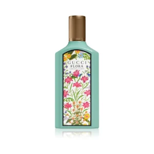 Turkusowy flakon Gucci Flora Gorgeous Jasmine EDP 100ml otoczony białymi kwiatami jaśminu.