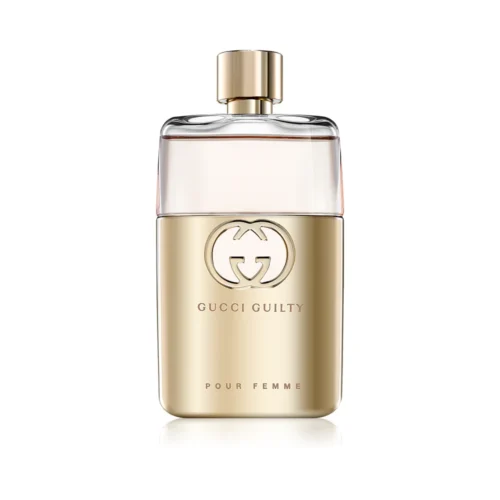 Elegancki, złoty flakon Gucci Guilty Pour Femme EDP 90ml na luksusowym, ciemnym tle.