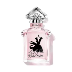 Elegancka prezentacja dwóch flakonów perfum Guerlain La Petite Robe Noire na ozdobnym, pastelowym tle. Po prawej stronie widoczna jest woda toaletowa