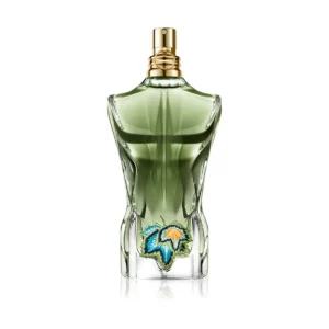 Zielony flakon Le Beau Paradise Garden 125 ml z haftowanym motywem roślinnym.