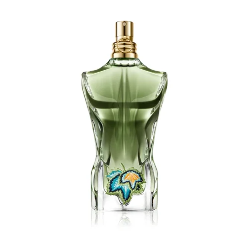 Zielony flakon Le Beau Paradise Garden 125 ml z haftowanym motywem roślinnym.