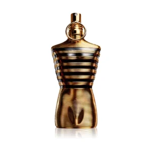 Złoty flakon Le Male Elixir 125 ml w kształcie męskiego torsu w prążki.