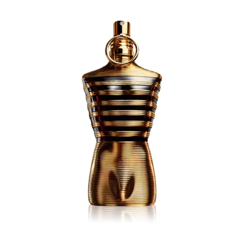 Złoty flakon Le Male Elixir 125 ml w kształcie męskiego torsu w prążki.