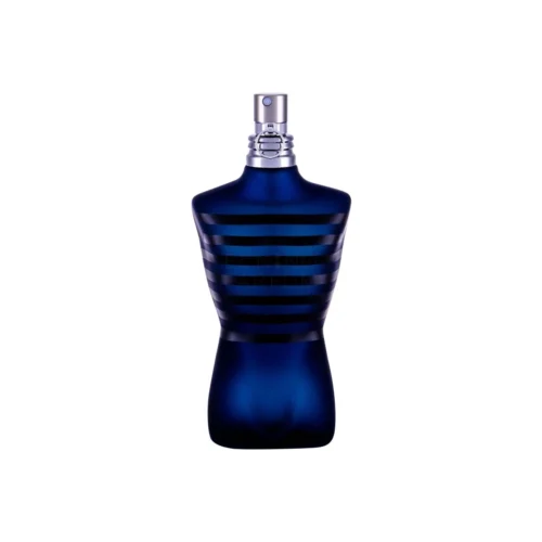 Jean_Paul_Gaultier_Ultra_Male_2 Granatowy flakon Ultra Male 125 ml w kształcie męskiego torsu w czarne pasy.