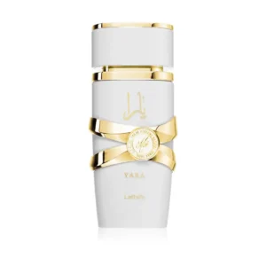 Biały flakon wody perfumowanej Lattafa Yara Moi 100ml ze złotymi zdobieniami.