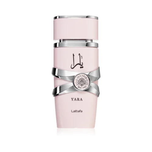 Lattafa_Yara_1 Różowy flakon Lattafa Yara EDP 100ml na stylowym i eleganckim tle.
