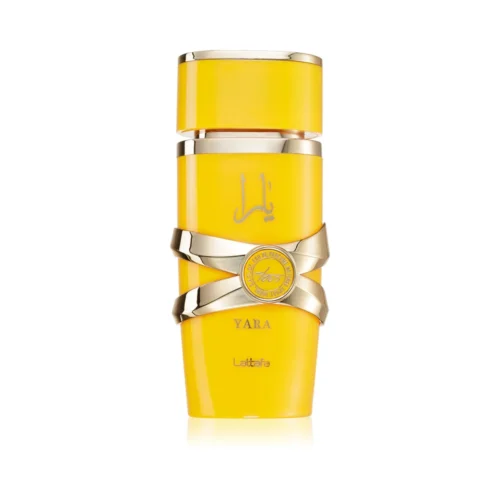 Lattafa_Yara_Tours_2 Złoty flakon Lattafa Yara Tours EDP 100ml na stylowym i eleganckim tle.