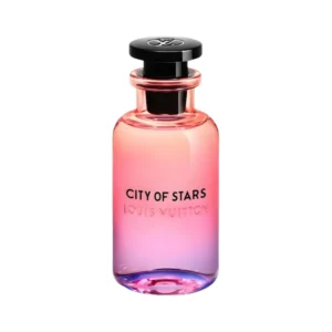 Elegancki flakon Louis Vuitton City of Stars EDP 100ml na tle pomarańczowego nieba Los Angeles.