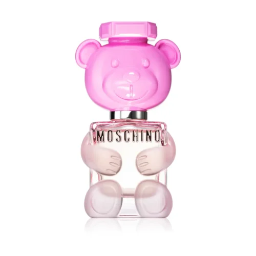 Moschino Toy 2 Bubble Gum_1 Woda toaletowa Moschino Toy 2 Bubble Gum 100 ml w flakonie w kształcie różowego misia obok pudełek