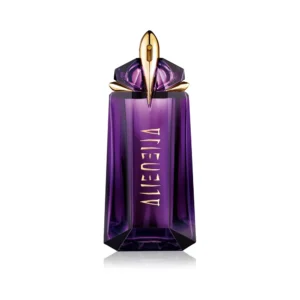 Kultowy, fioletowy flakon Mugler Alien 90 ml przypominający drogocenny ametyst ze złotymi zdobieniami.
