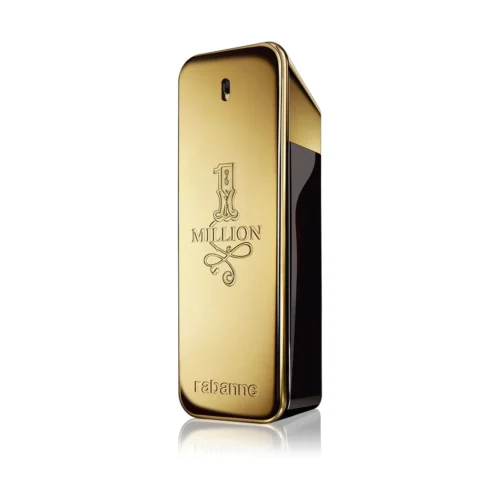 Złoty flakon Paco Rabanne 1 Million 100 ml w kształcie lśniącej sztabki złota z grawerem.