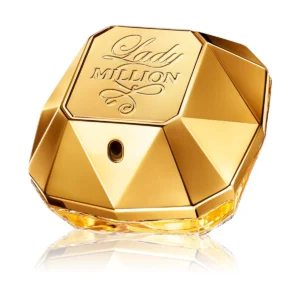 Złoty flakon w kształcie diamentu Paco Rabanne Lady Million 80 ml lśniący na ciemnym, eleganckim tle.