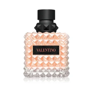 Koralowy, ćwiekowany flakon Valentino Donna Born In Roma Coral Fantasy EDP 100ml na eleganckim tle.