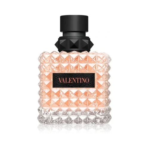 Valentino_Donna_Born_In_Roma_Coral_Fantasy_1 Koralowy, ćwiekowany flakon Valentino Donna Born In Roma Coral Fantasy EDP 100ml na eleganckim tle.