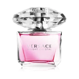 Versace Bright Crystal_1 Woda toaletowa Versace Bright Crystal 90 ml flakon z dużym kryształem obok różowego pudełka