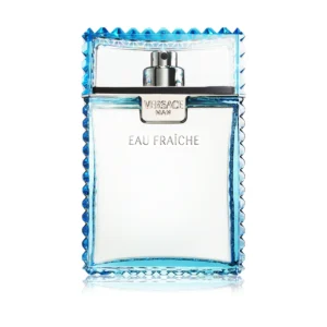 Versace_Man_Eau_Fraîche_2 Błękitny, fasetowany flakon Versace Man Eau Fraîche 100 ml na tle lazurowej wody basenu.