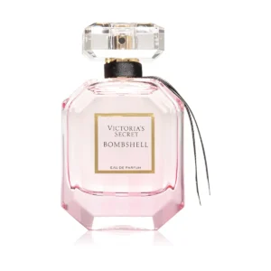 Różowy flakon w paski Victoria's Secret Bombshell 100 ml z czarną wstążką przy korku.