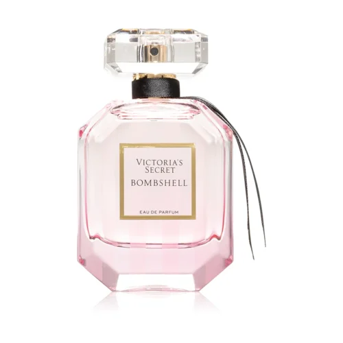 Victoria's_Secret_Bombshell_Seduction_1 Różowy flakon w paski Victoria's Secret Bombshell 100 ml z czarną wstążką przy korku.